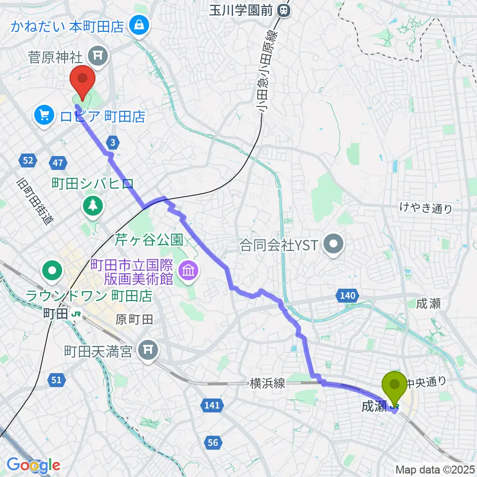 成瀬駅から町田市民球場へのルートマップ地図