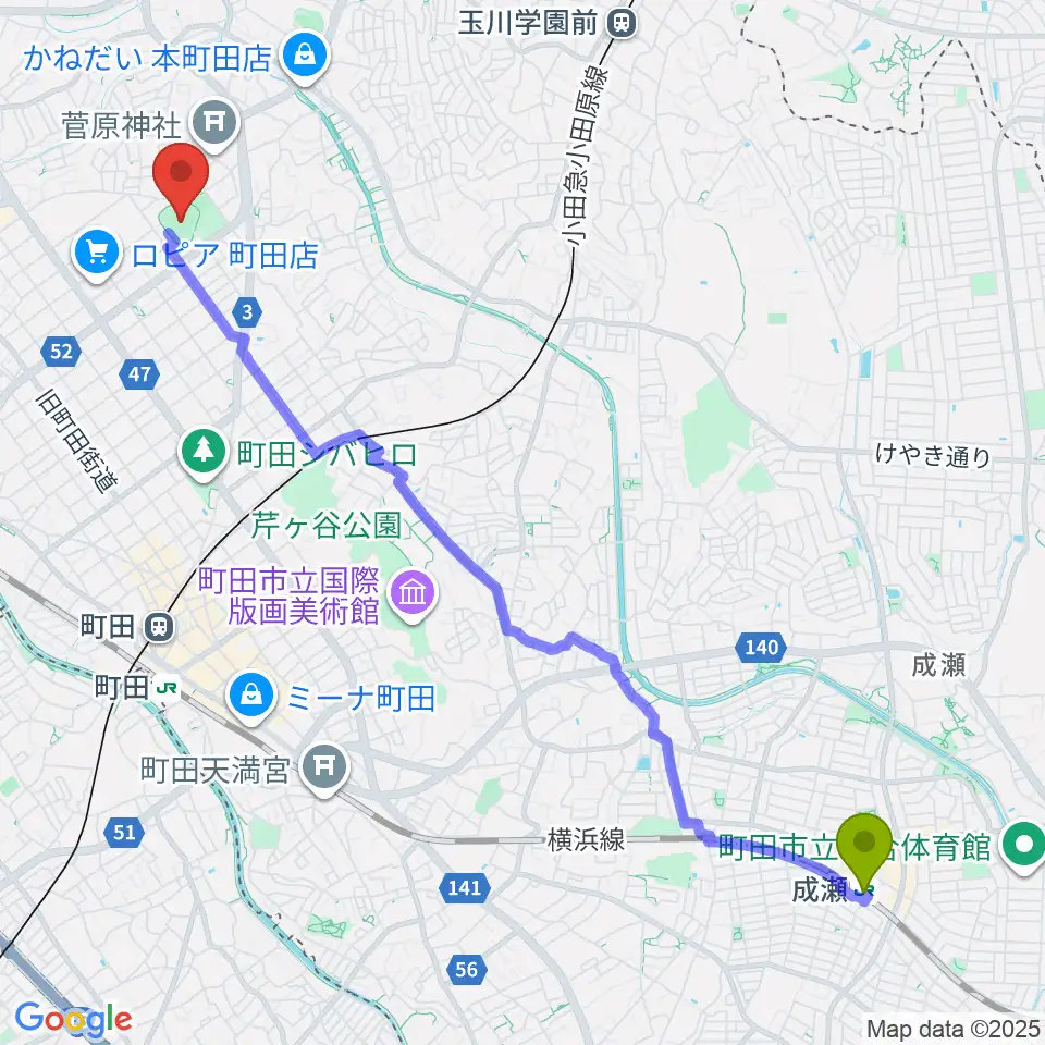 成瀬駅から町田市民球場へのルートマップ地図