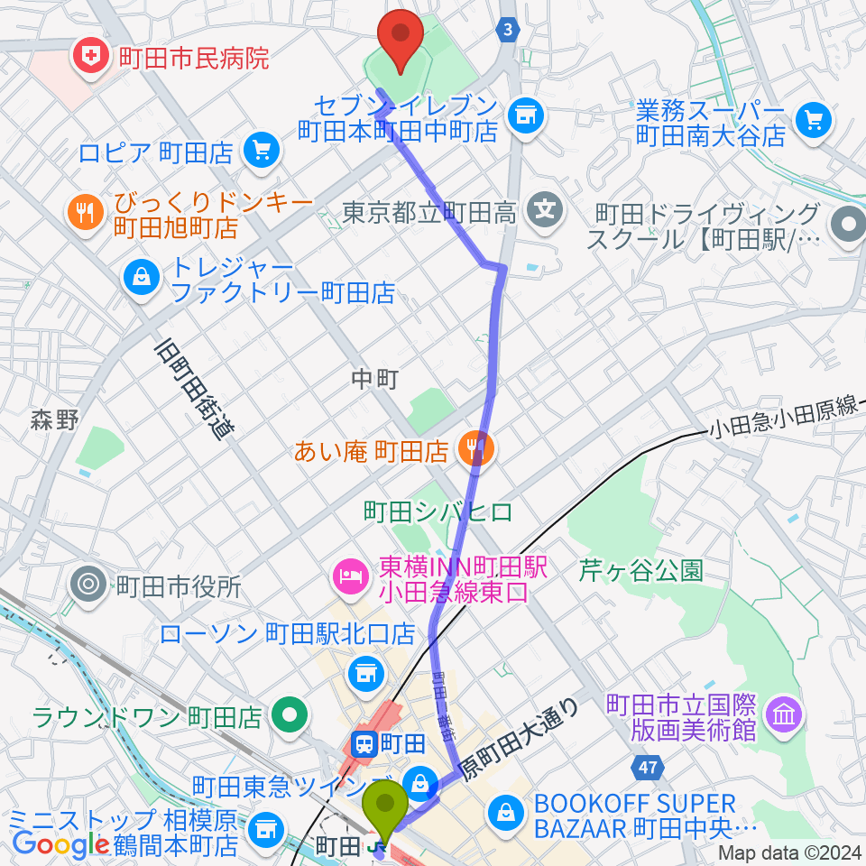 町田市民球場の最寄駅町田駅からの徒歩ルート（約28分）地図