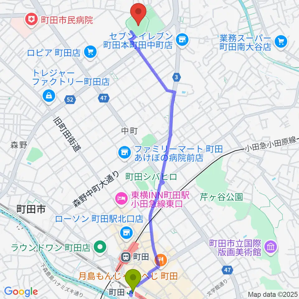 町田市民球場の最寄駅町田駅からの徒歩ルート（約28分）地図