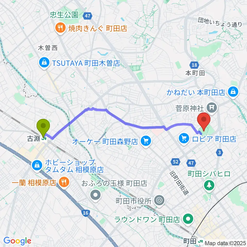 古淵駅から町田市民球場へのルートマップ地図