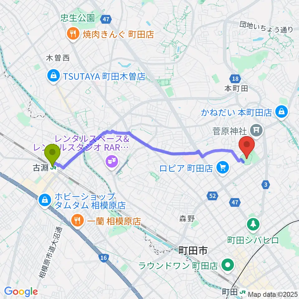 古淵駅から町田市民球場へのルートマップ地図