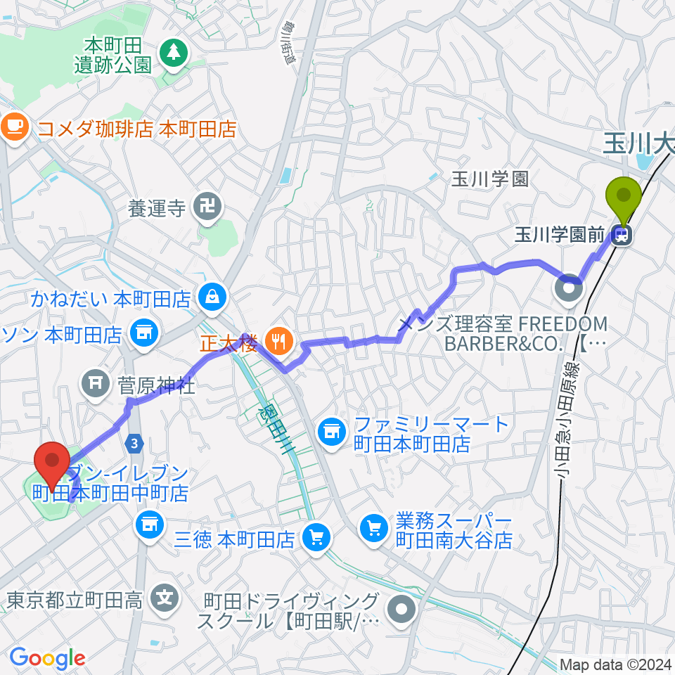 玉川学園前駅から町田市民球場へのルートマップ地図