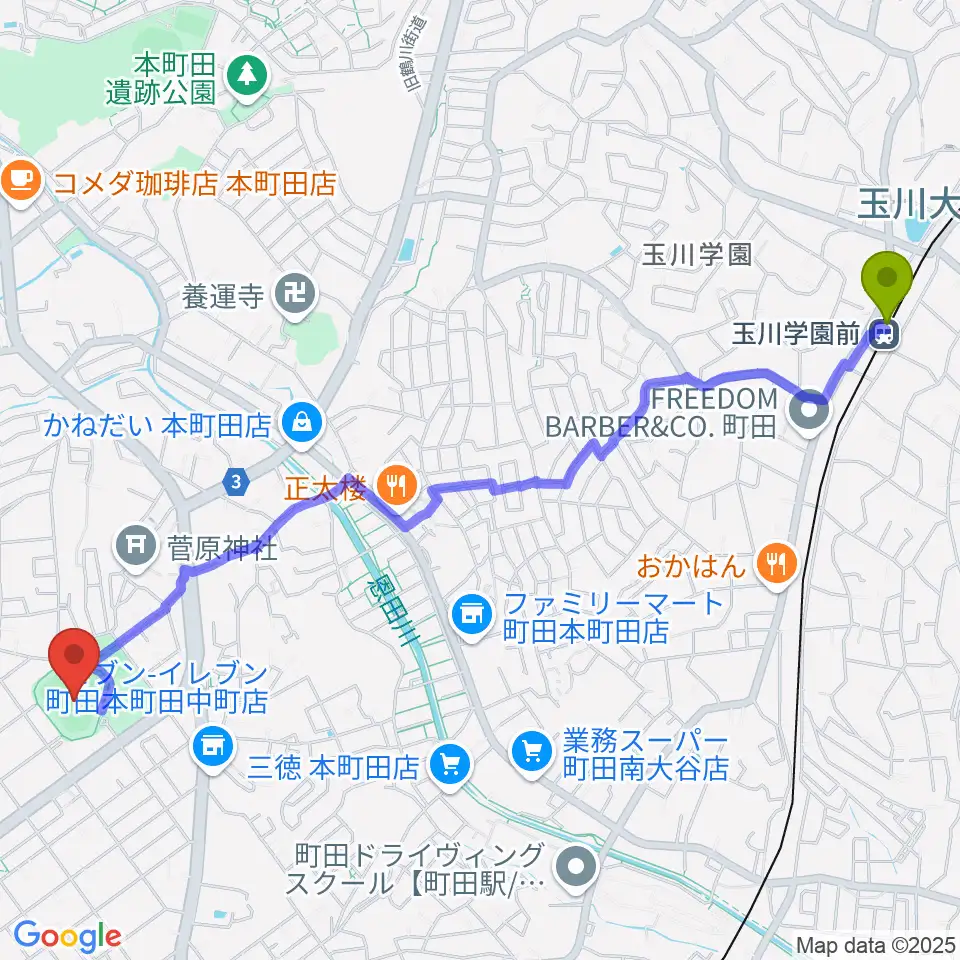 玉川学園前駅から町田市民球場へのルートマップ地図
