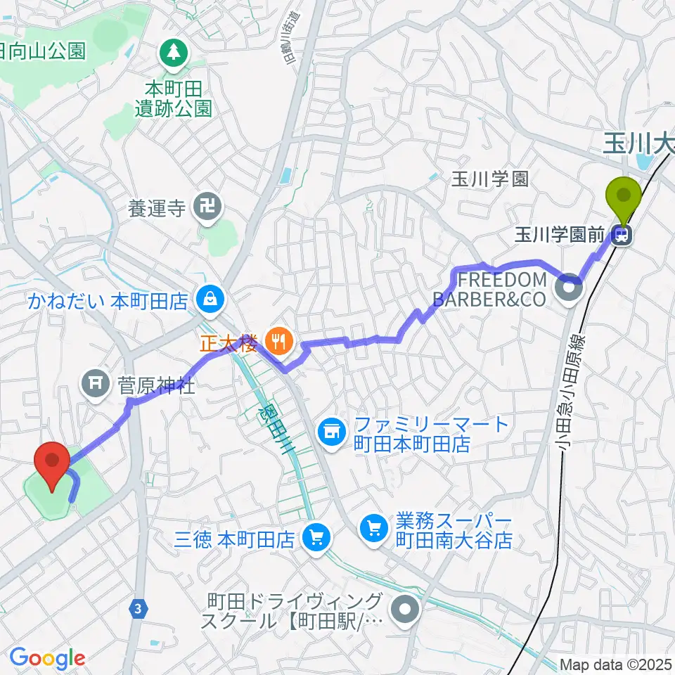 玉川学園前駅から町田市民球場へのルートマップ地図