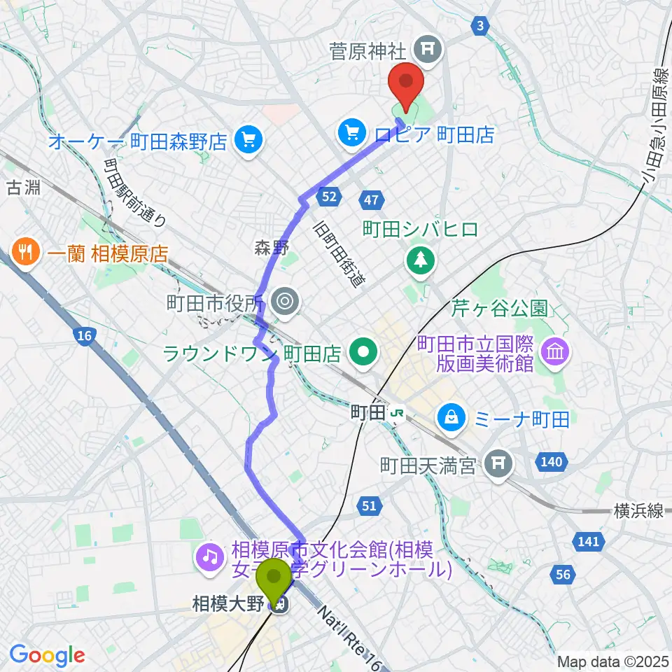相模大野駅から町田市民球場へのルートマップ地図