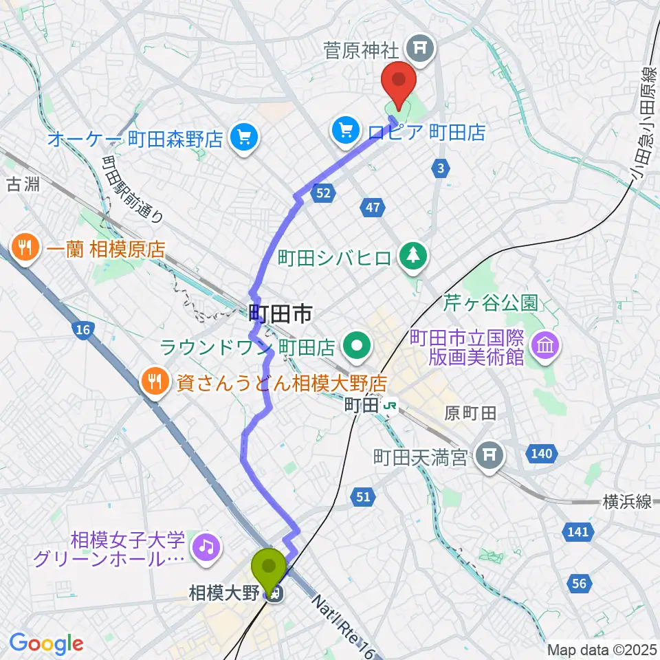 相模大野駅から町田市民球場へのルートマップ地図