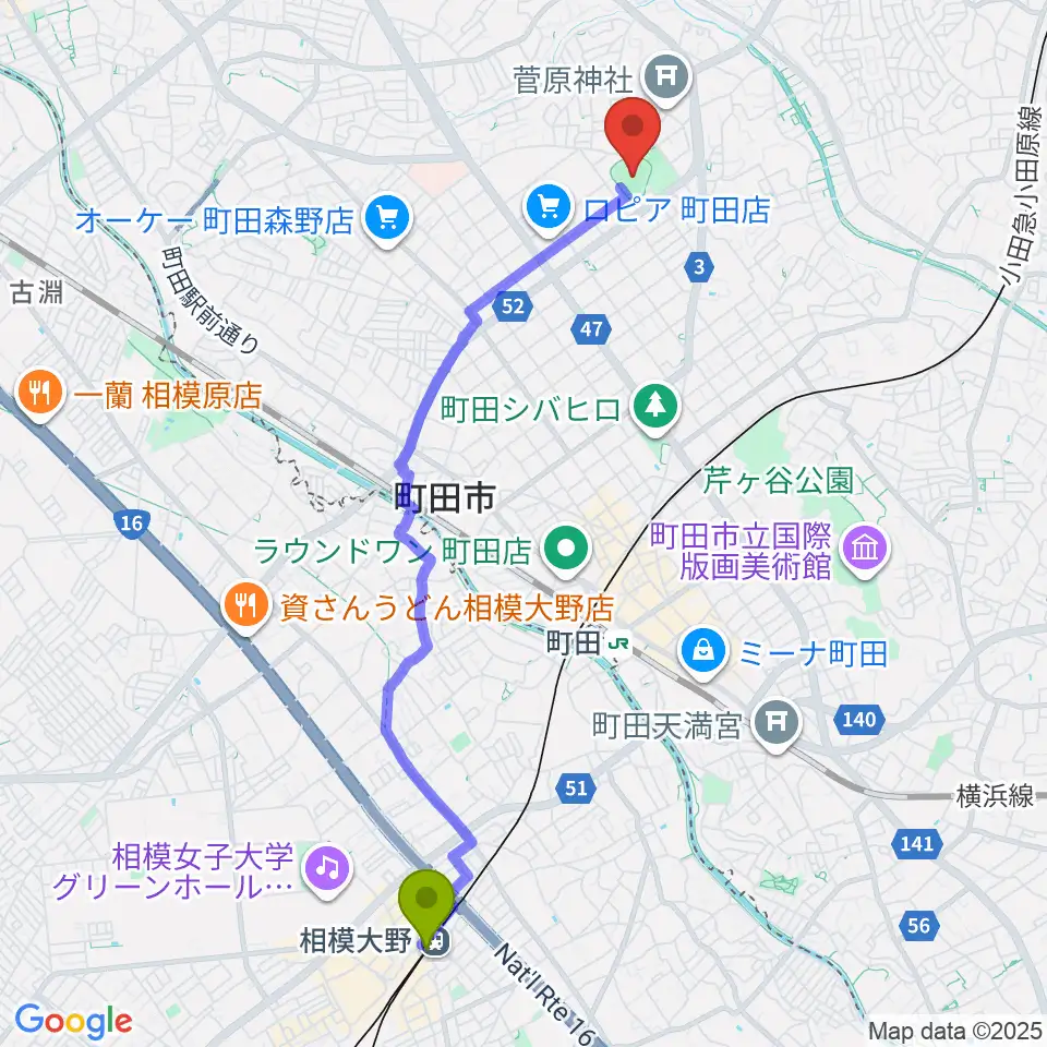 相模大野駅から町田市民球場へのルートマップ地図