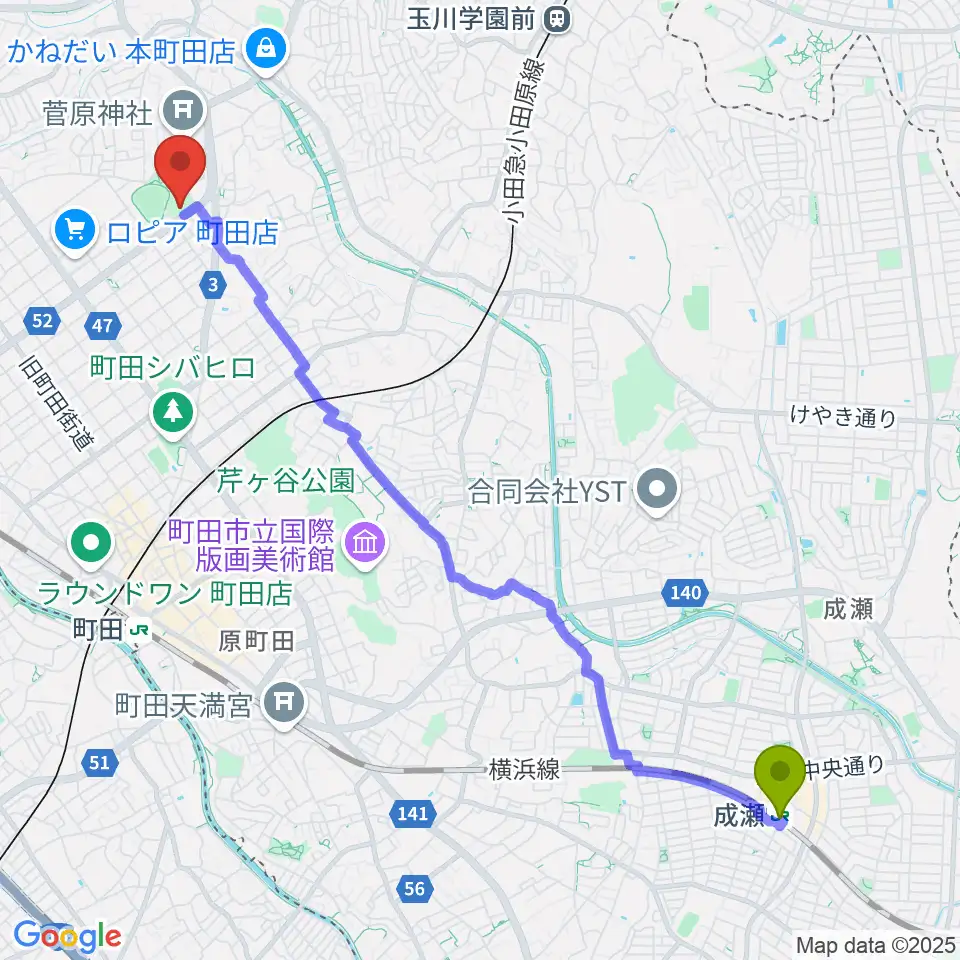 成瀬駅からサン町田旭体育館へのルートマップ地図