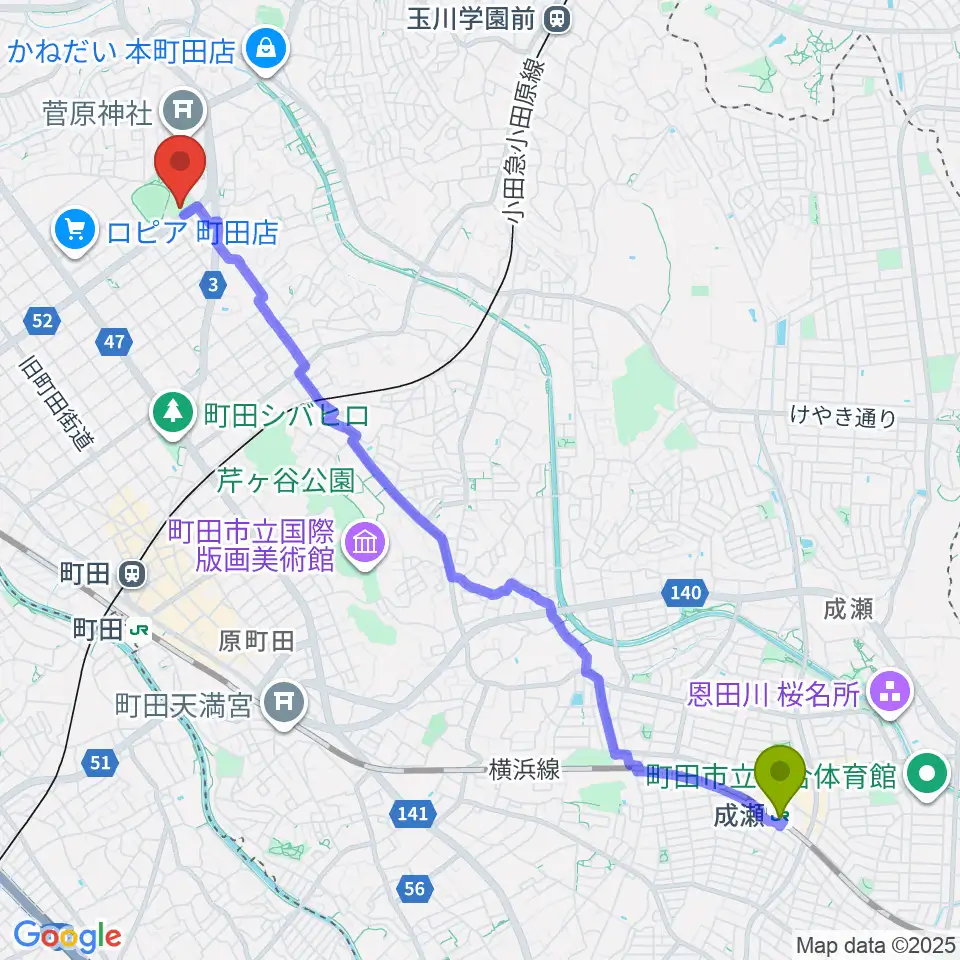 成瀬駅からサン町田旭体育館へのルートマップ地図