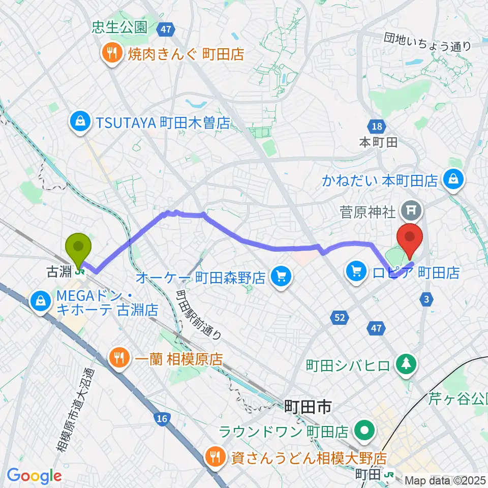 古淵駅からサン町田旭体育館へのルートマップ地図
