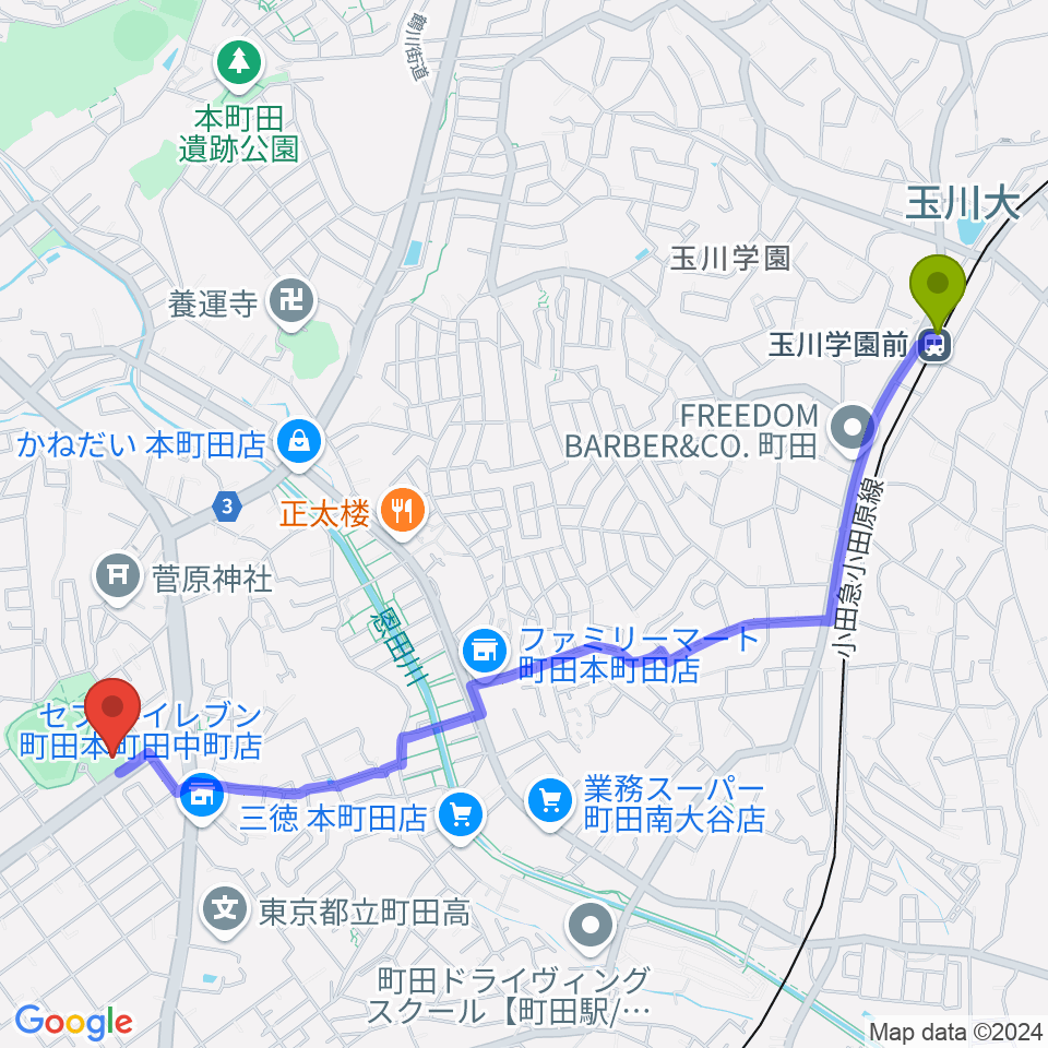 玉川学園前駅からサン町田旭体育館へのルートマップ地図