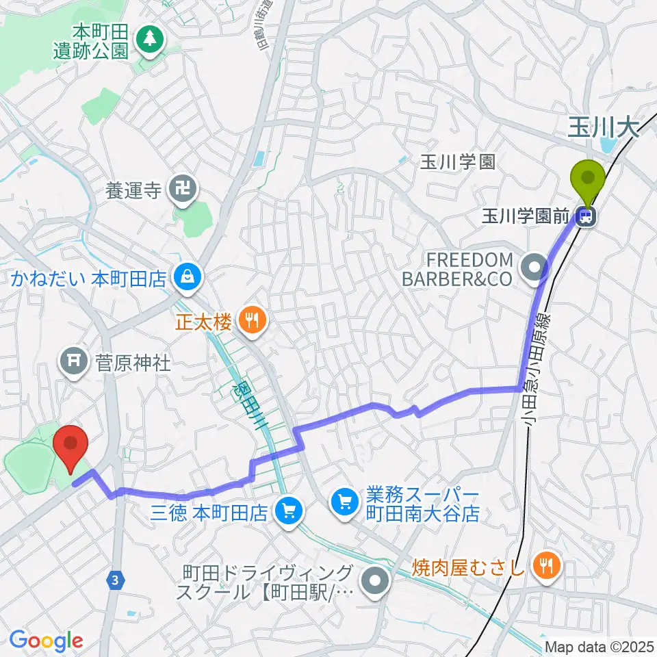 玉川学園前駅からサン町田旭体育館へのルートマップ地図