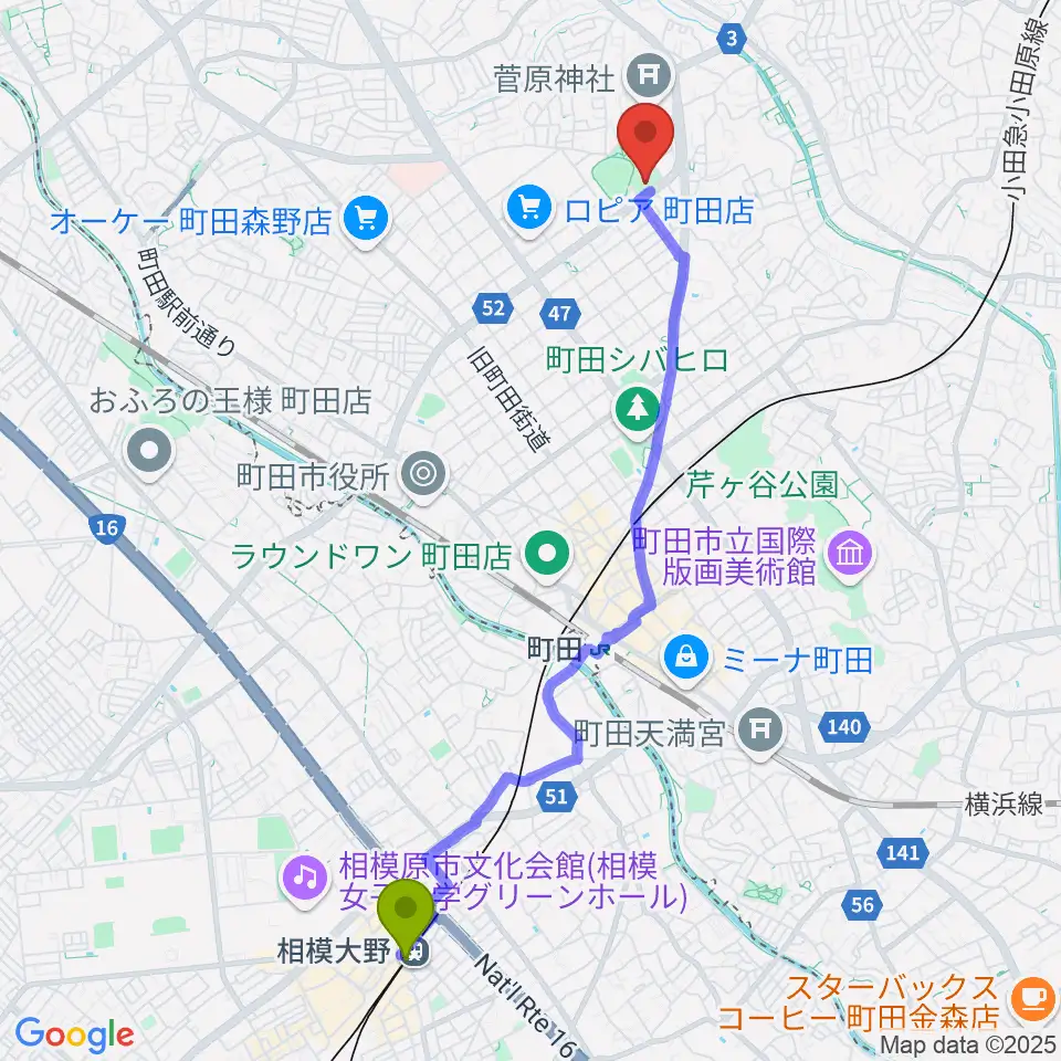 相模大野駅からサン町田旭体育館へのルートマップ地図