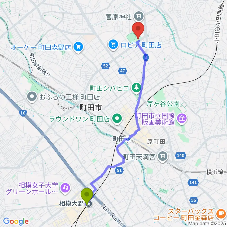 相模大野駅からサン町田旭体育館へのルートマップ地図
