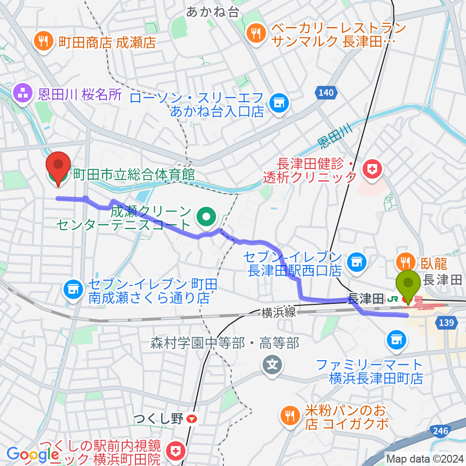 長津田駅から町田市立総合体育館へのルートマップ地図