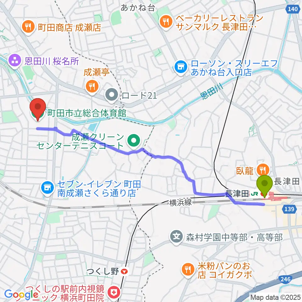 長津田駅から町田市立総合体育館へのルートマップ地図