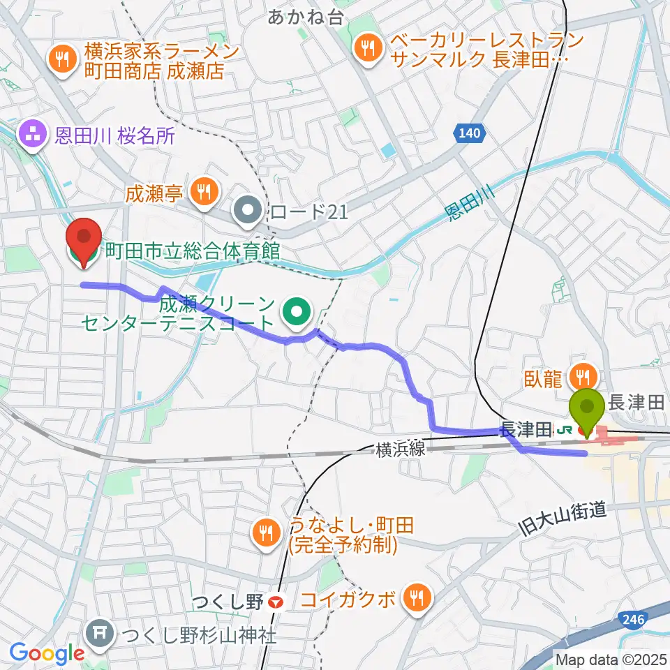 長津田駅から町田市立総合体育館へのルートマップ地図