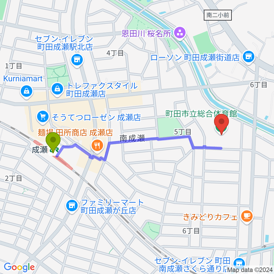 町田市立総合体育館の最寄駅成瀬駅からの徒歩ルート（約10分）地図