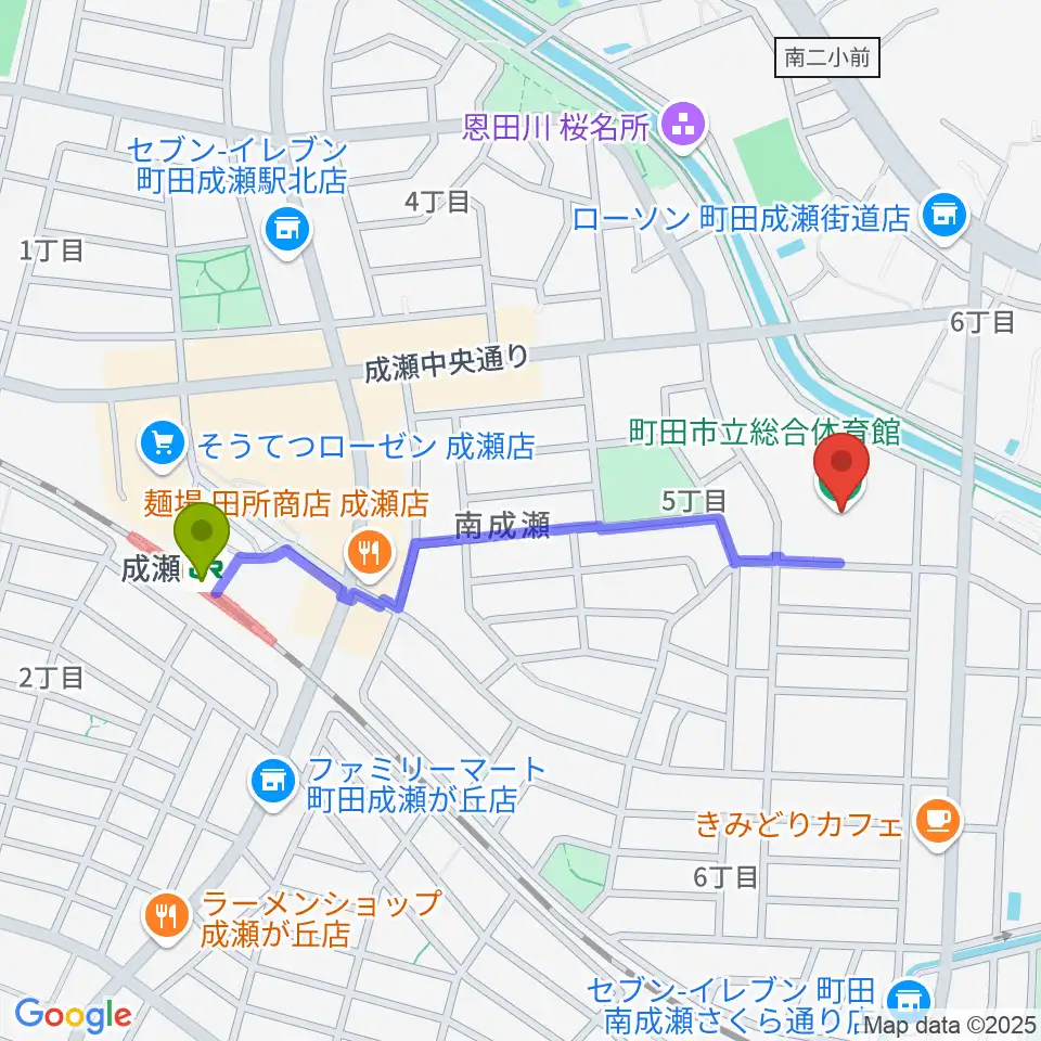 町田市立総合体育館の最寄駅成瀬駅からの徒歩ルート（約10分）地図