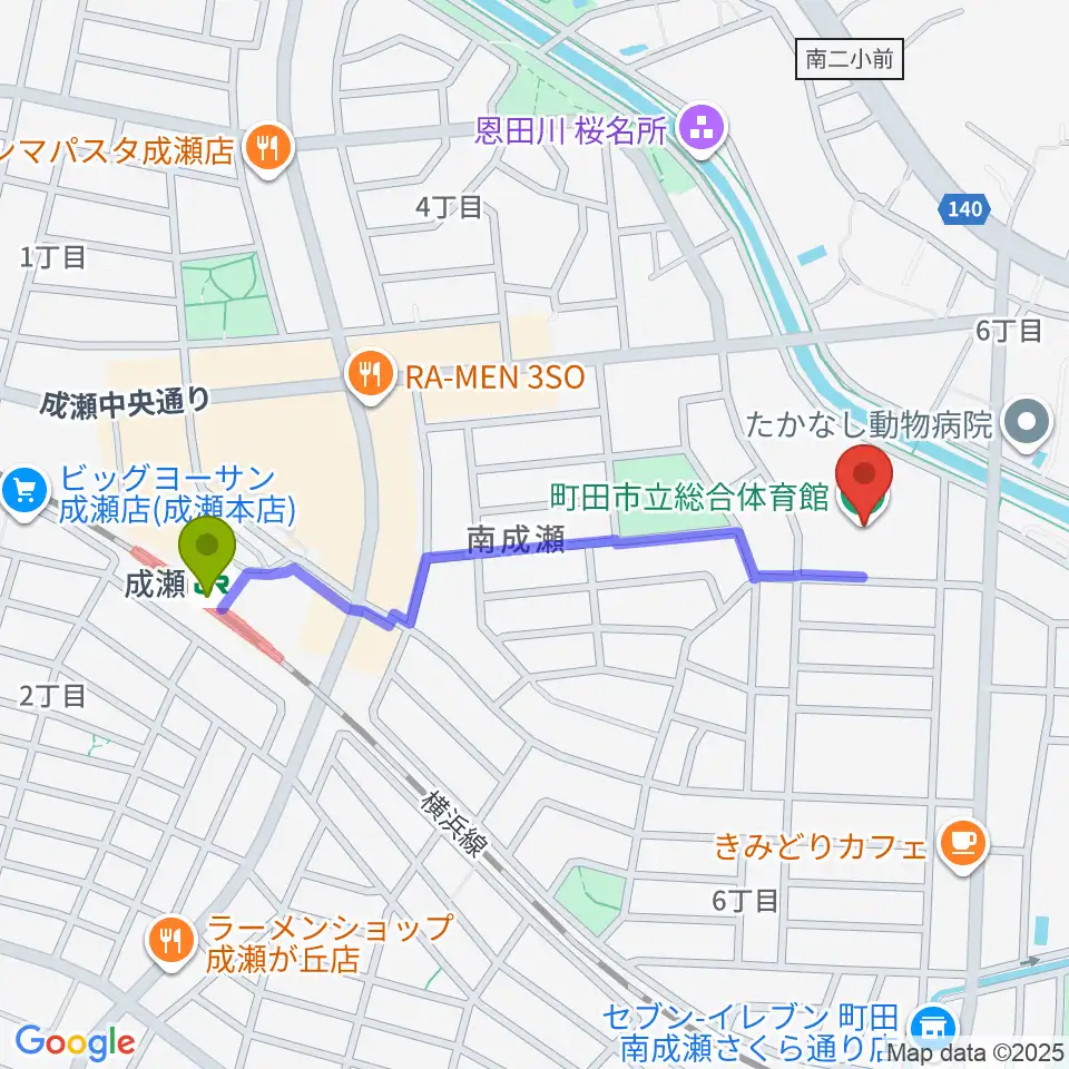 町田市立総合体育館の最寄駅成瀬駅からの徒歩ルート（約10分）地図