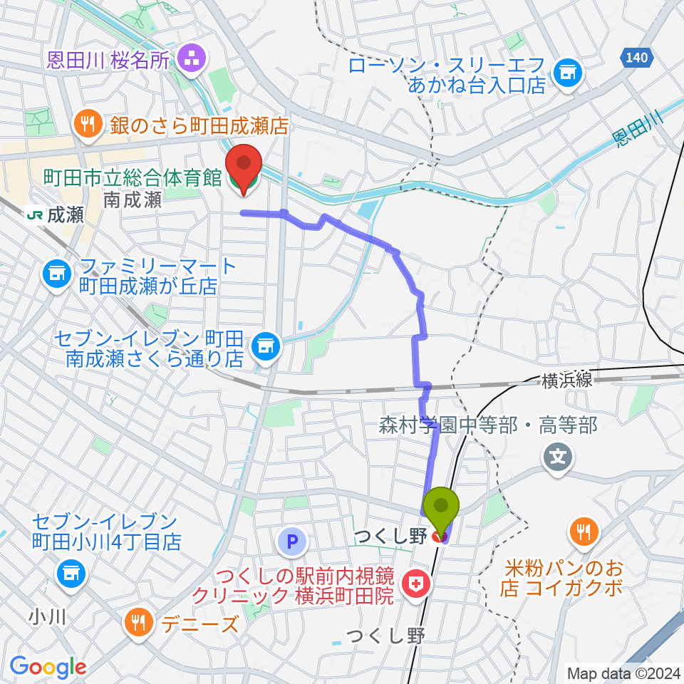 つくし野駅から町田市立総合体育館へのルートマップ地図