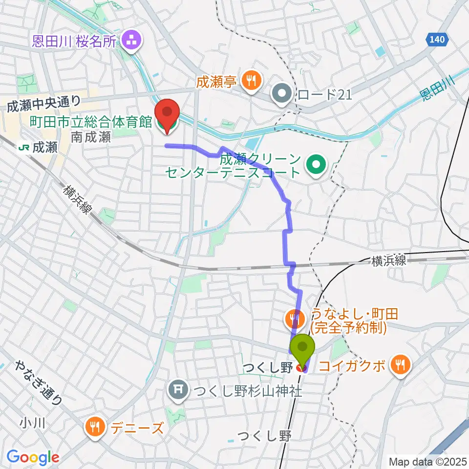 つくし野駅から町田市立総合体育館へのルートマップ地図