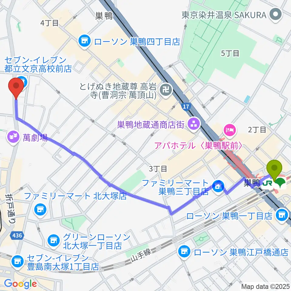 巣鴨駅からシネマハウス大塚へのルートマップ地図