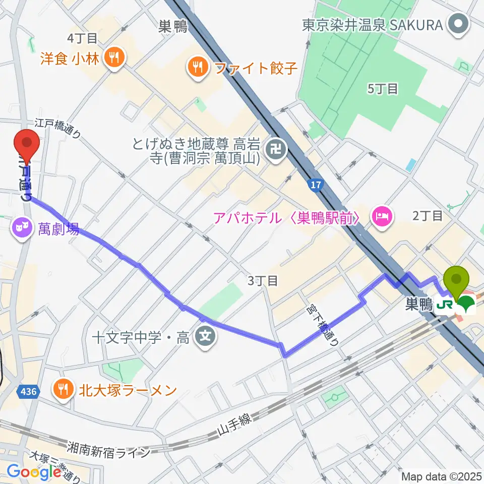 巣鴨駅からシネマハウス大塚へのルートマップ地図