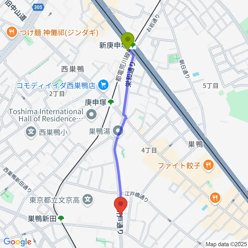 新庚申塚駅からシネマハウス大塚へのルートマップ地図