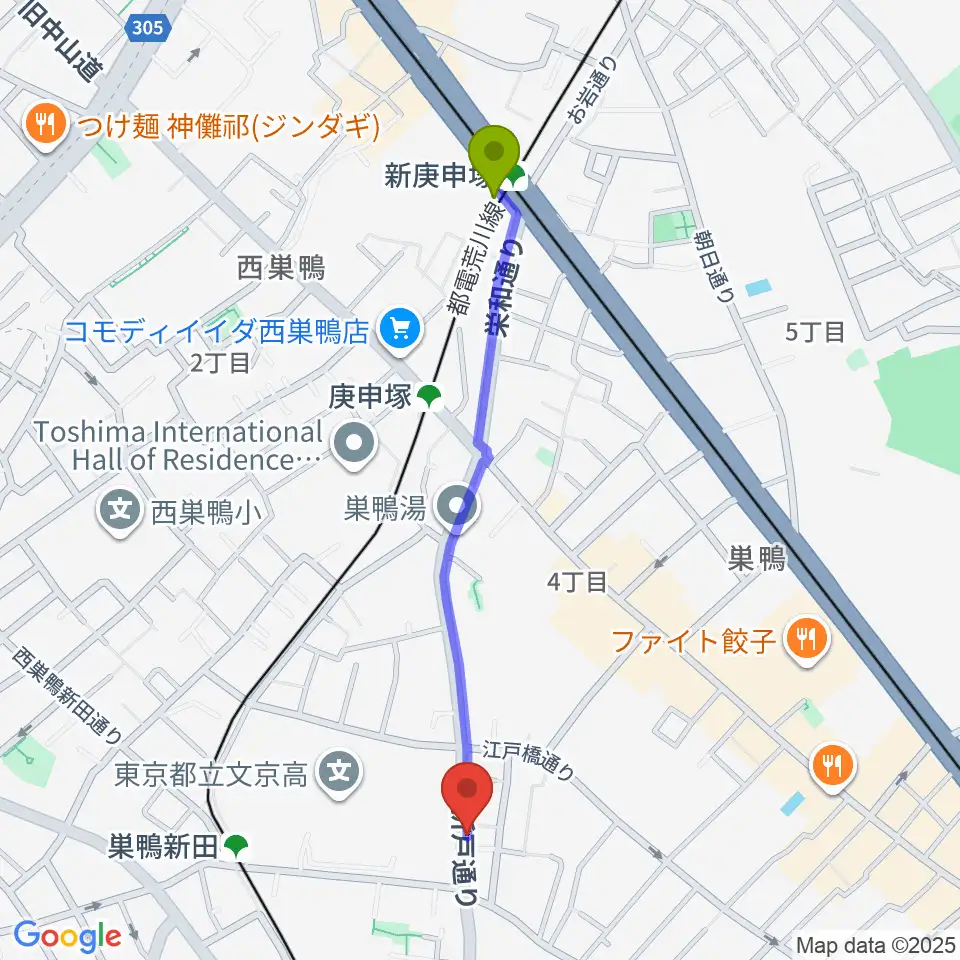 新庚申塚駅からシネマハウス大塚へのルートマップ地図