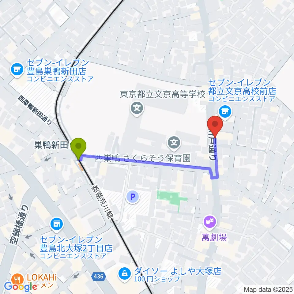 シネマハウス大塚の最寄駅巣鴨新田駅からの徒歩ルート（約4分）地図