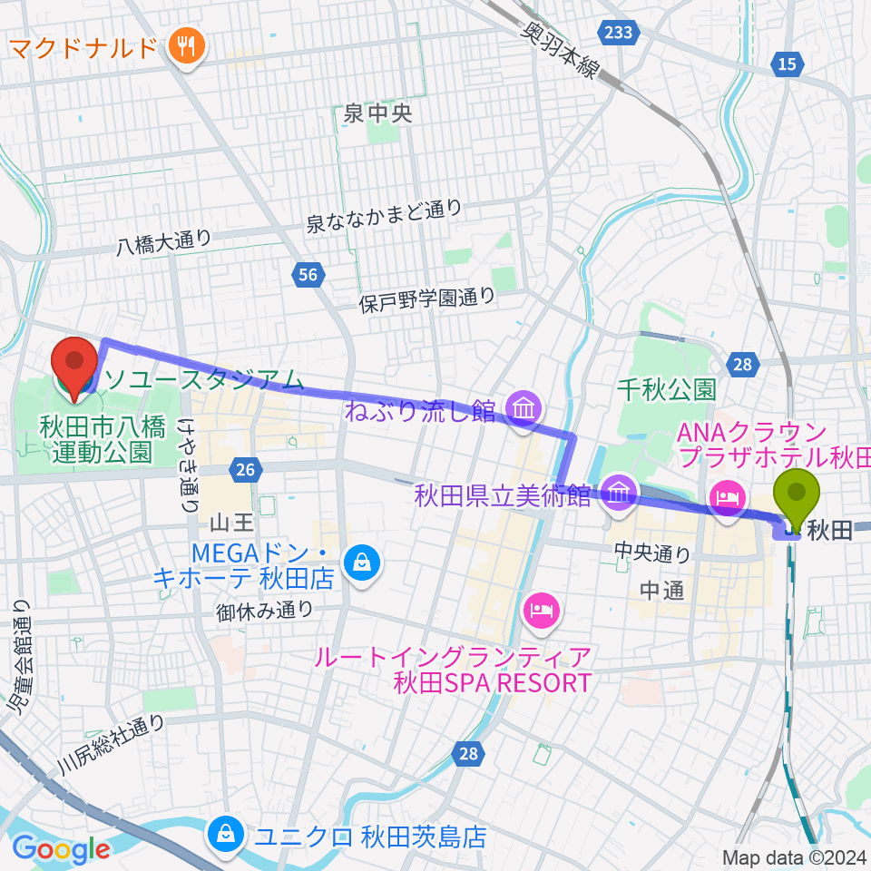 ソユースタジアムの最寄駅秋田駅からの徒歩ルート（約50分）地図