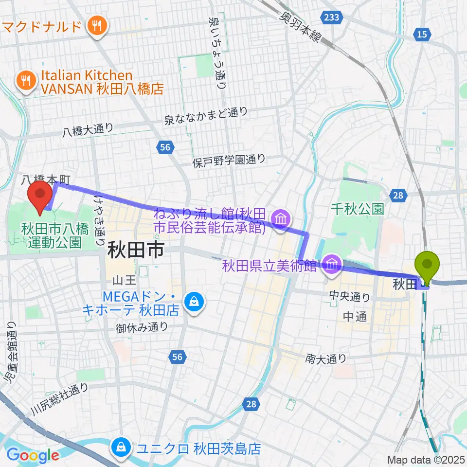 ソユースタジアムの最寄駅秋田駅からの徒歩ルート（約50分）地図
