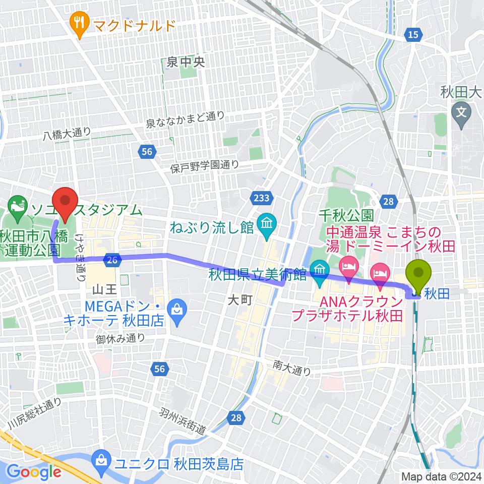 秋田スポーツPLUS・ASPスタジアムの最寄駅秋田駅からの徒歩ルート（約44分）地図