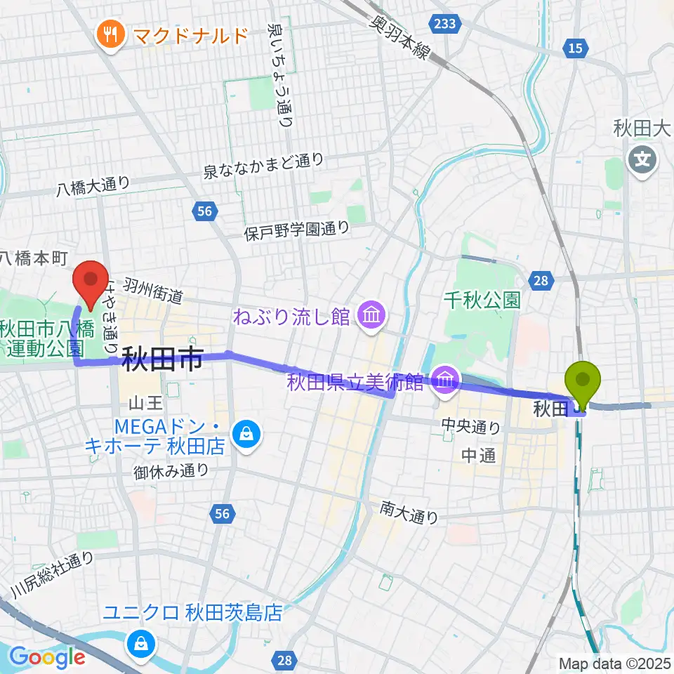 秋田スポーツPLUS・ASPスタジアムの最寄駅秋田駅からの徒歩ルート（約44分）地図