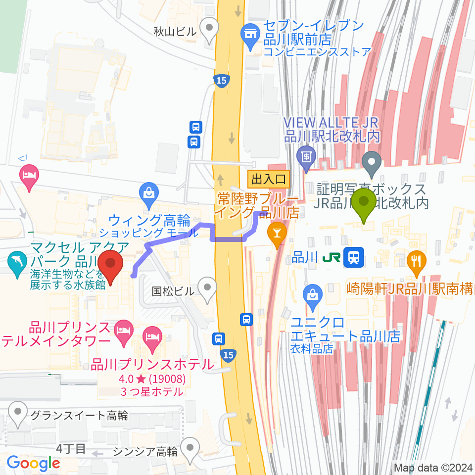 品川プリンスホテル クラブeXの最寄駅品川駅からの徒歩ルート（約4分）地図