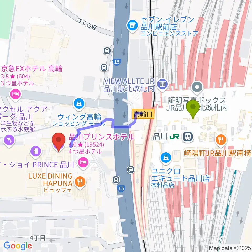 品川プリンスホテル クラブeXの最寄駅品川駅からの徒歩ルート（約4分）地図