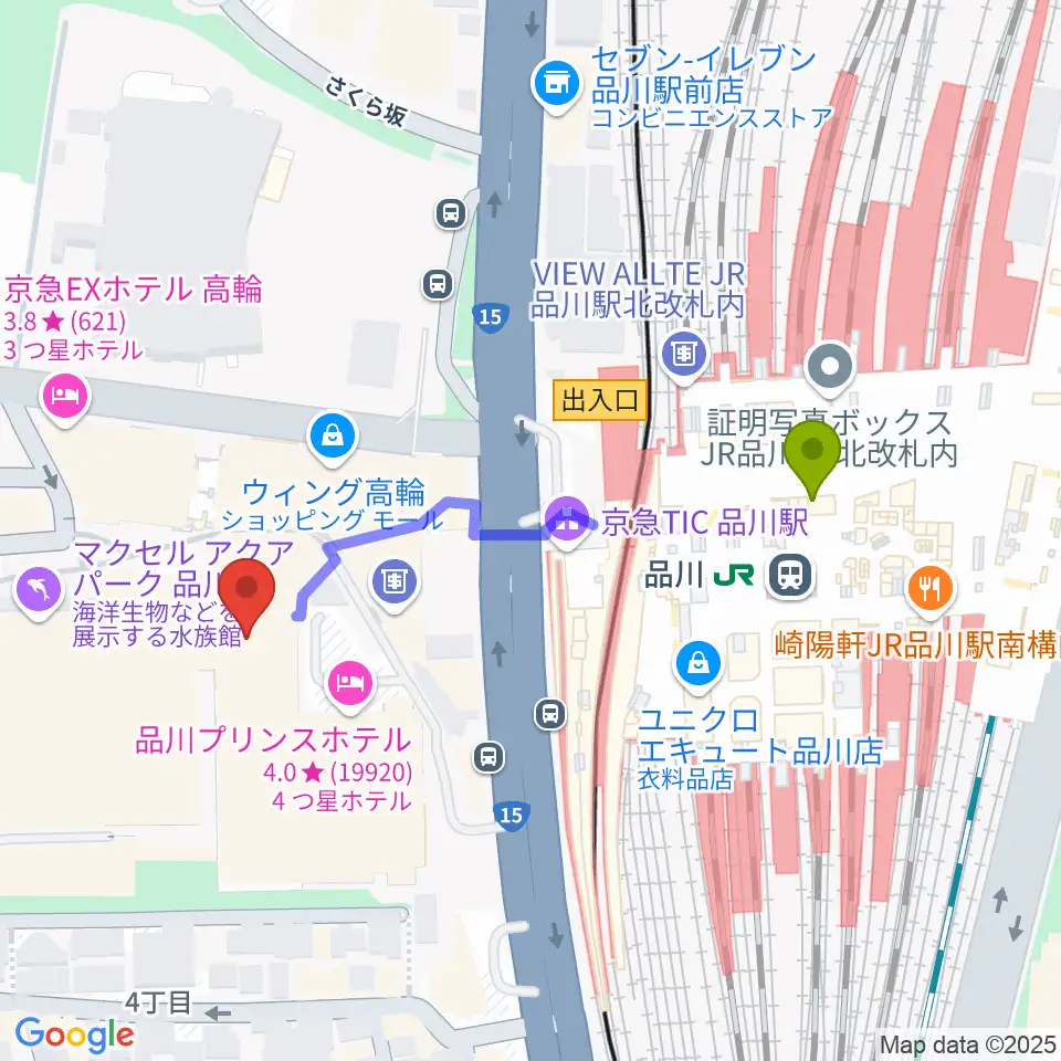 品川プリンスホテル クラブeXの最寄駅品川駅からの徒歩ルート（約4分）地図