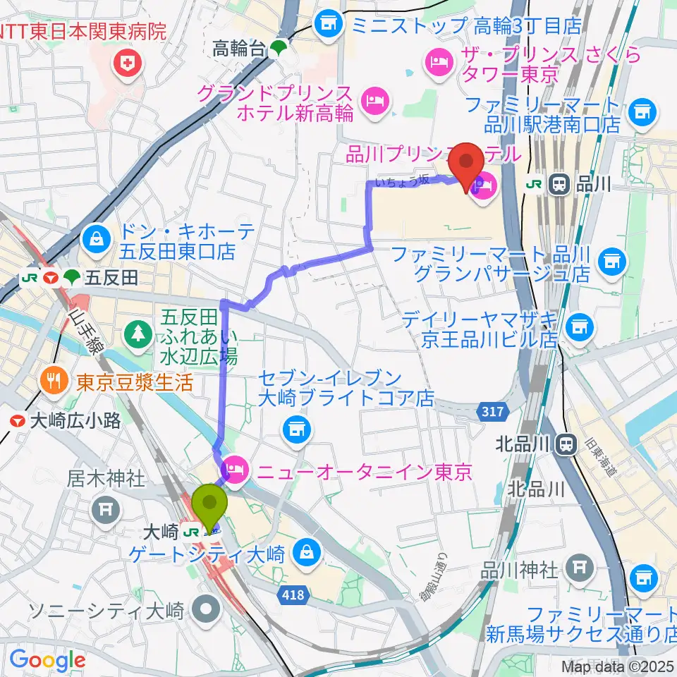 大崎駅から品川プリンスホテル クラブeXへのルートマップ地図