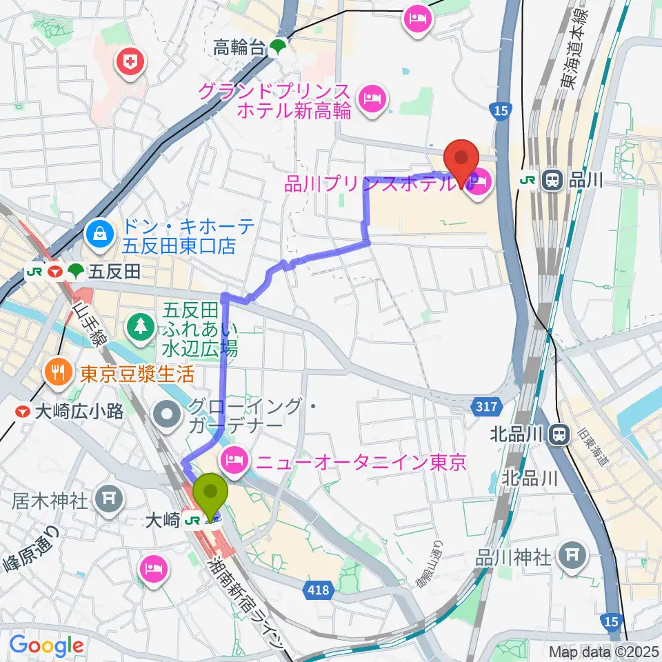 大崎駅から品川プリンスホテル クラブeXへのルートマップ地図
