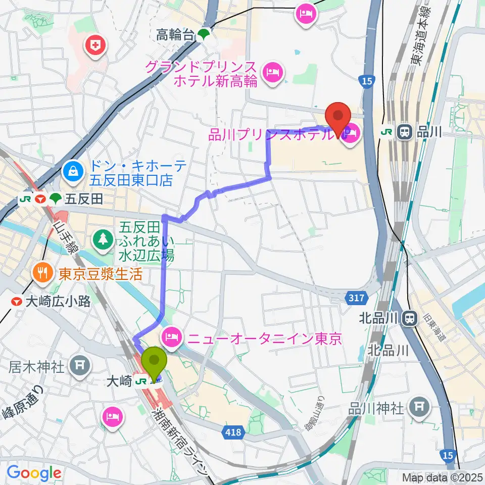 大崎駅から品川プリンスホテル クラブeXへのルートマップ地図