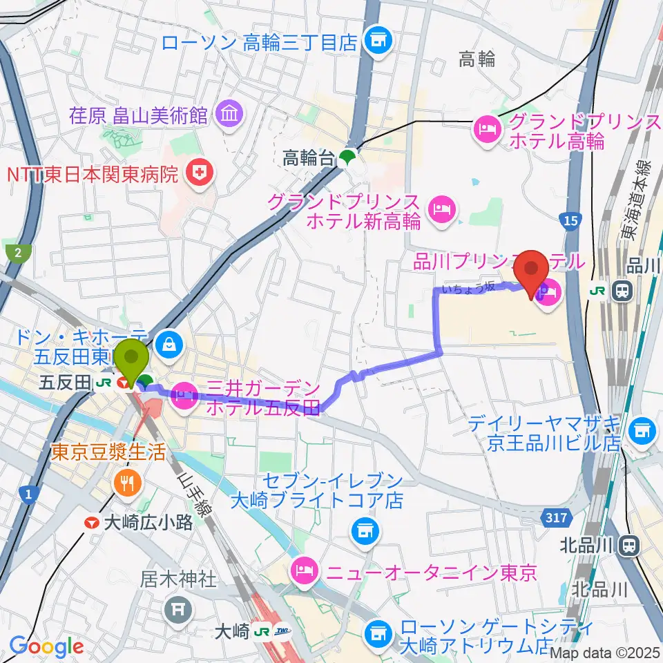 五反田駅から品川プリンスホテル クラブeXへのルートマップ地図