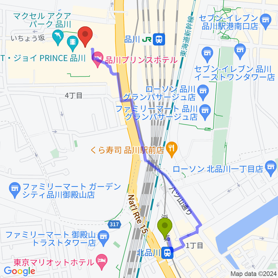 北品川駅から品川プリンスホテル クラブeXへのルートマップ地図
