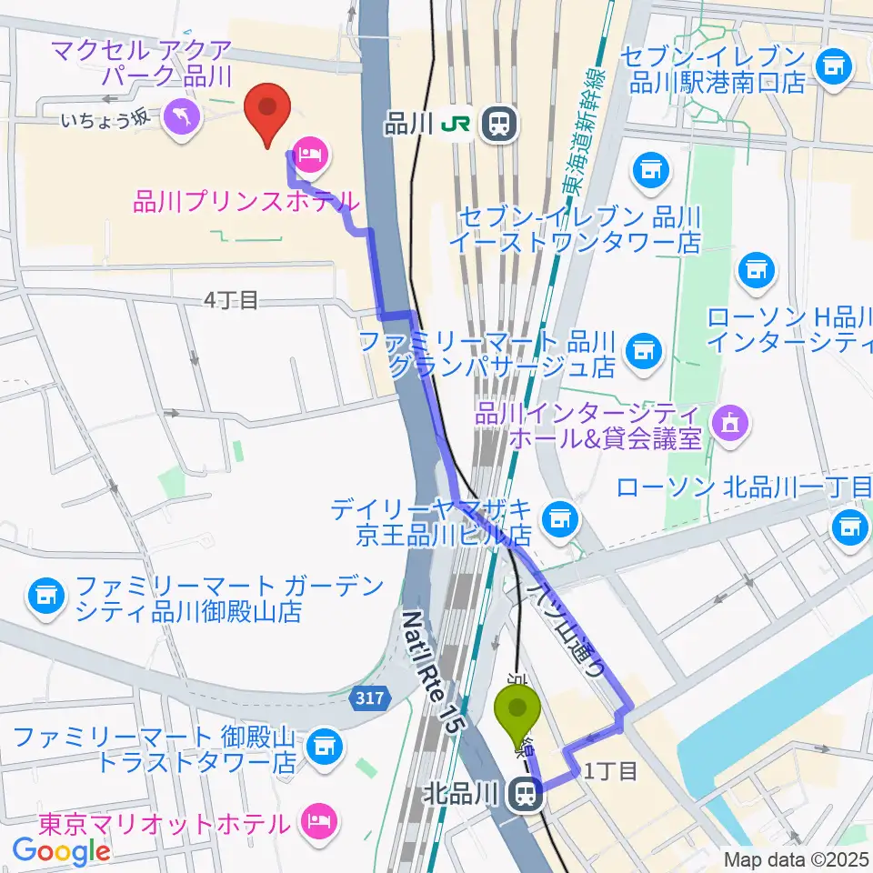 北品川駅から品川プリンスホテル クラブeXへのルートマップ地図