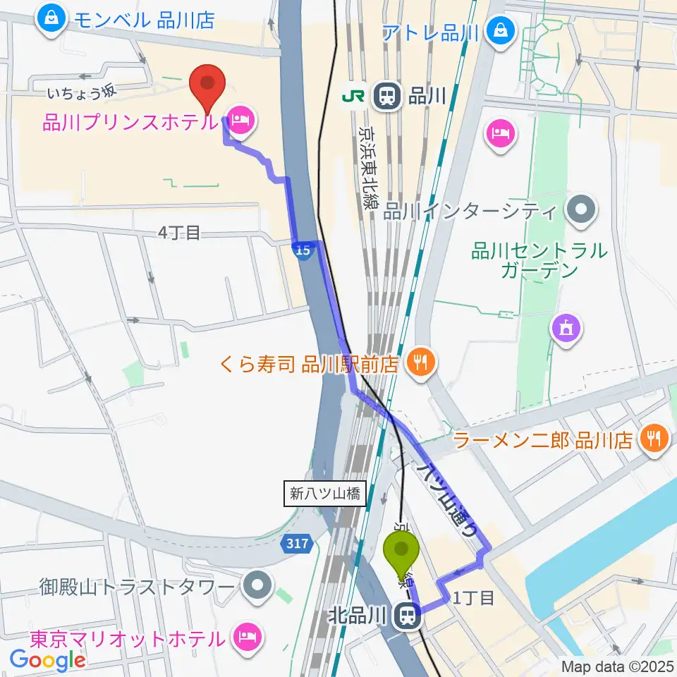 北品川駅から品川プリンスホテル クラブeXへのルートマップ地図