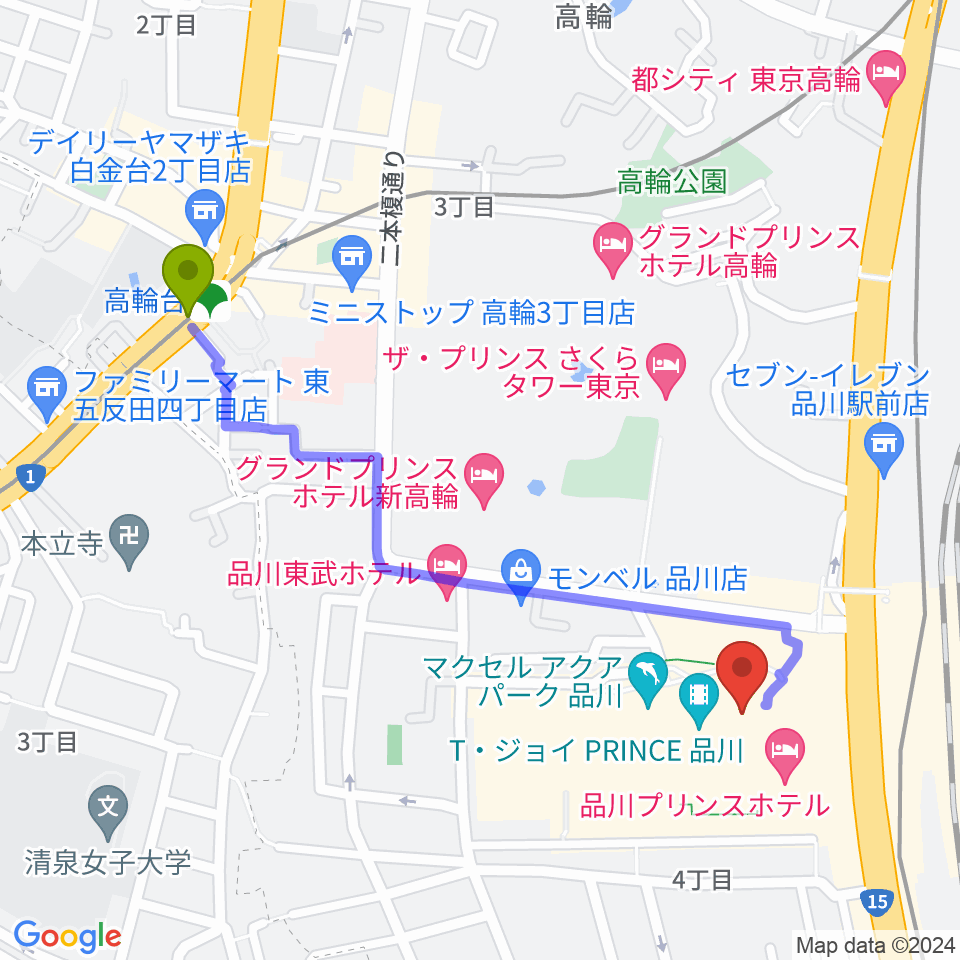 高輪台駅から品川プリンスホテル クラブeXへのルートマップ地図