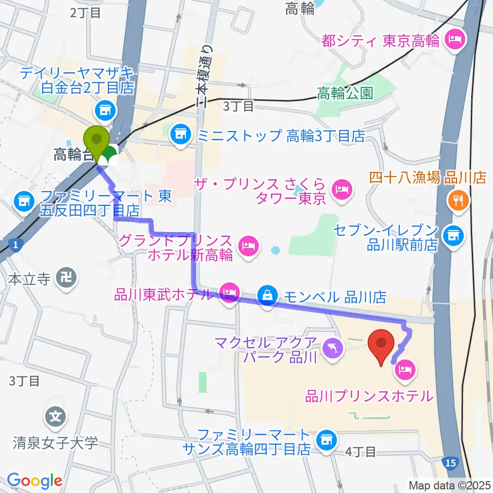 高輪台駅から品川プリンスホテル クラブeXへのルートマップ地図