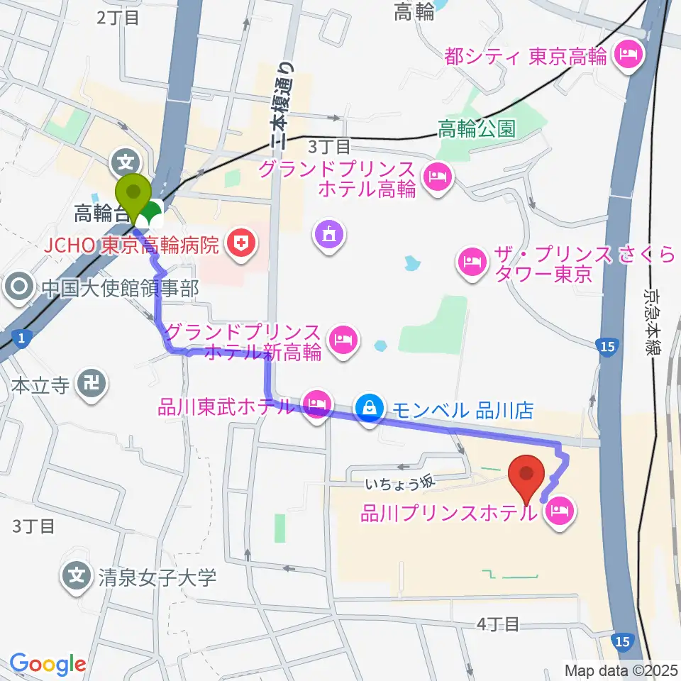 高輪台駅から品川プリンスホテル クラブeXへのルートマップ地図