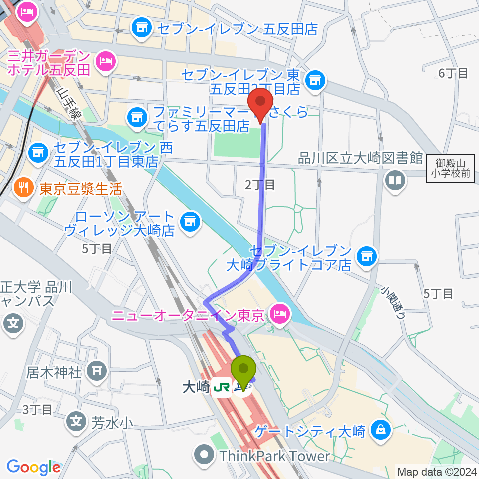 大崎駅から品川区立総合体育館へのルートマップ地図